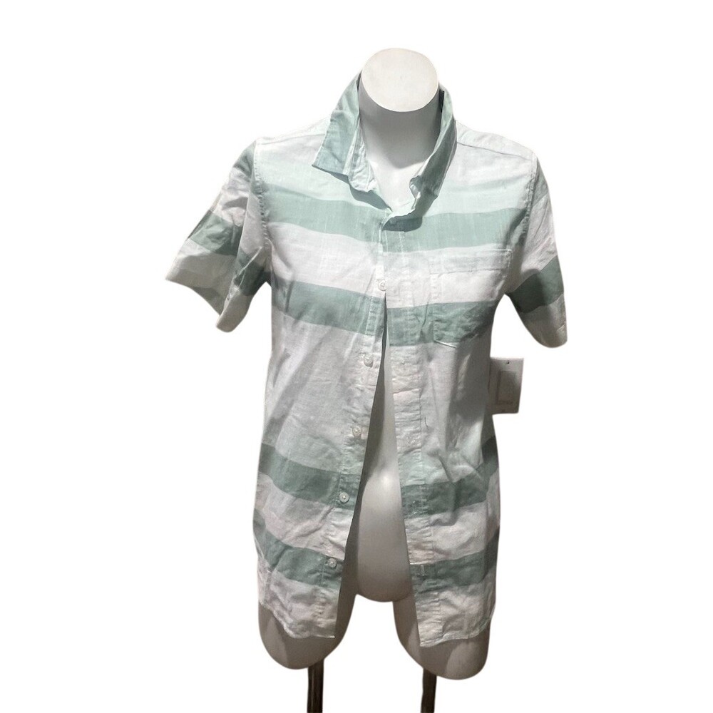 Cat & Jack Boys Button-Up Shirt XL Green & White Striped Short Sleeve
